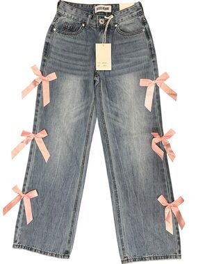 Disclosure Wide Leg Baggy Jeans Pink Ribbon Bow Accent Coquette Y2K Junior NWT